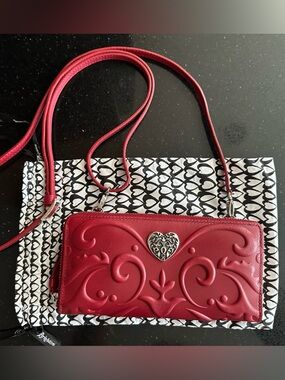 Brighton Red Genuine Leather Embossed Silver Heart Crossbody Wallet